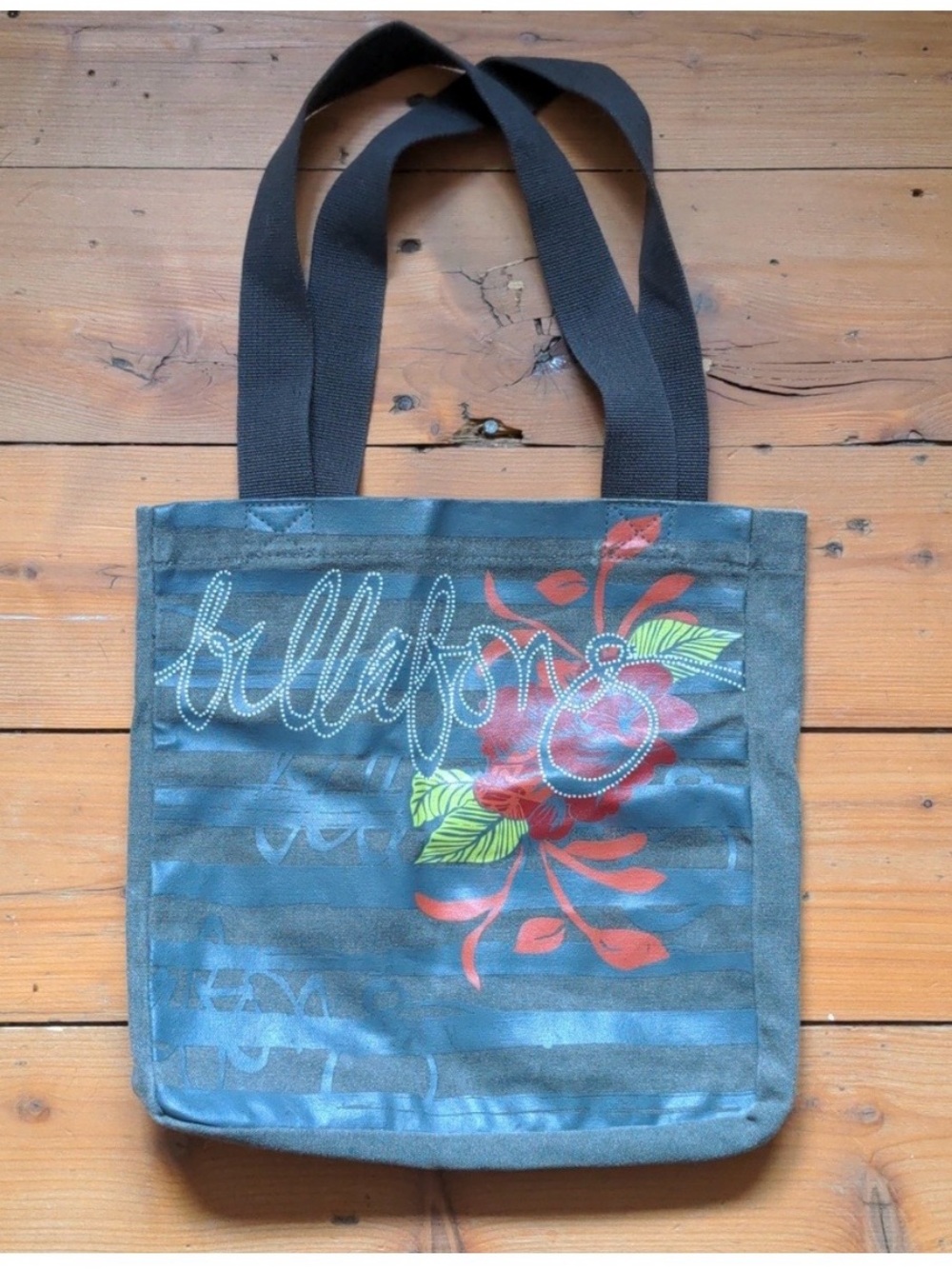 Billabong Gray Floral Stripe Canvas Tote